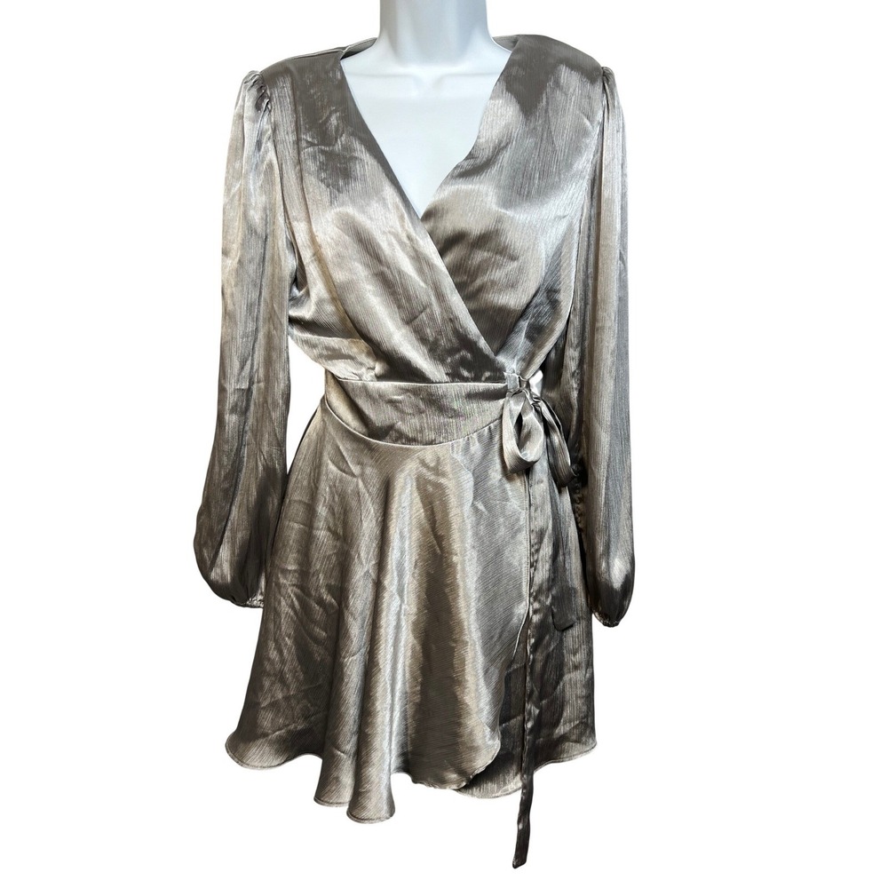 MNG‎ Mango Silver Metallic Wrap Mini Dress Long Sleeve V-Neck Size 2